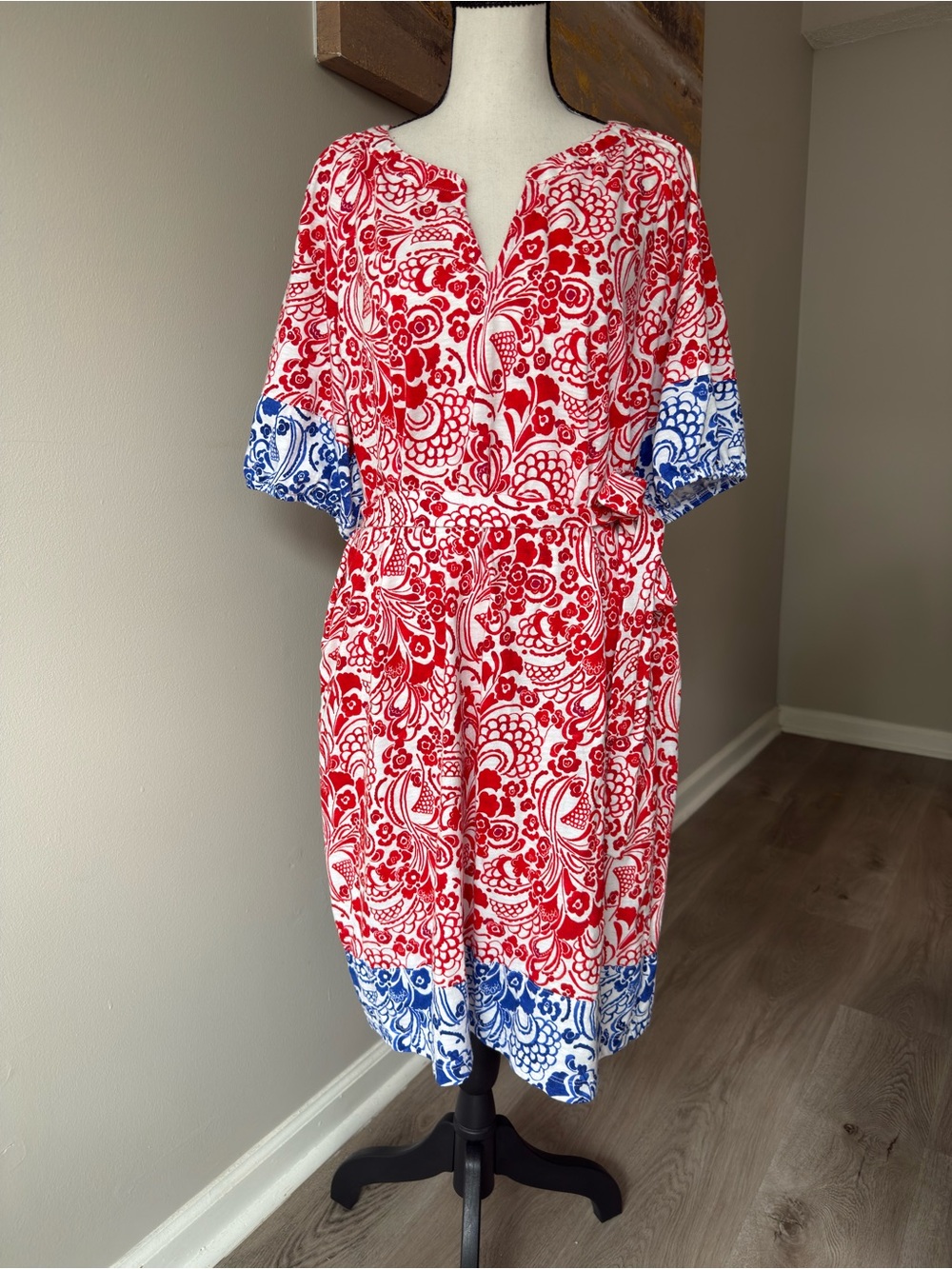 Tommy Hilfiger Floral Print Belted V-Neck Dress XL 100% Cotton Red Blue White